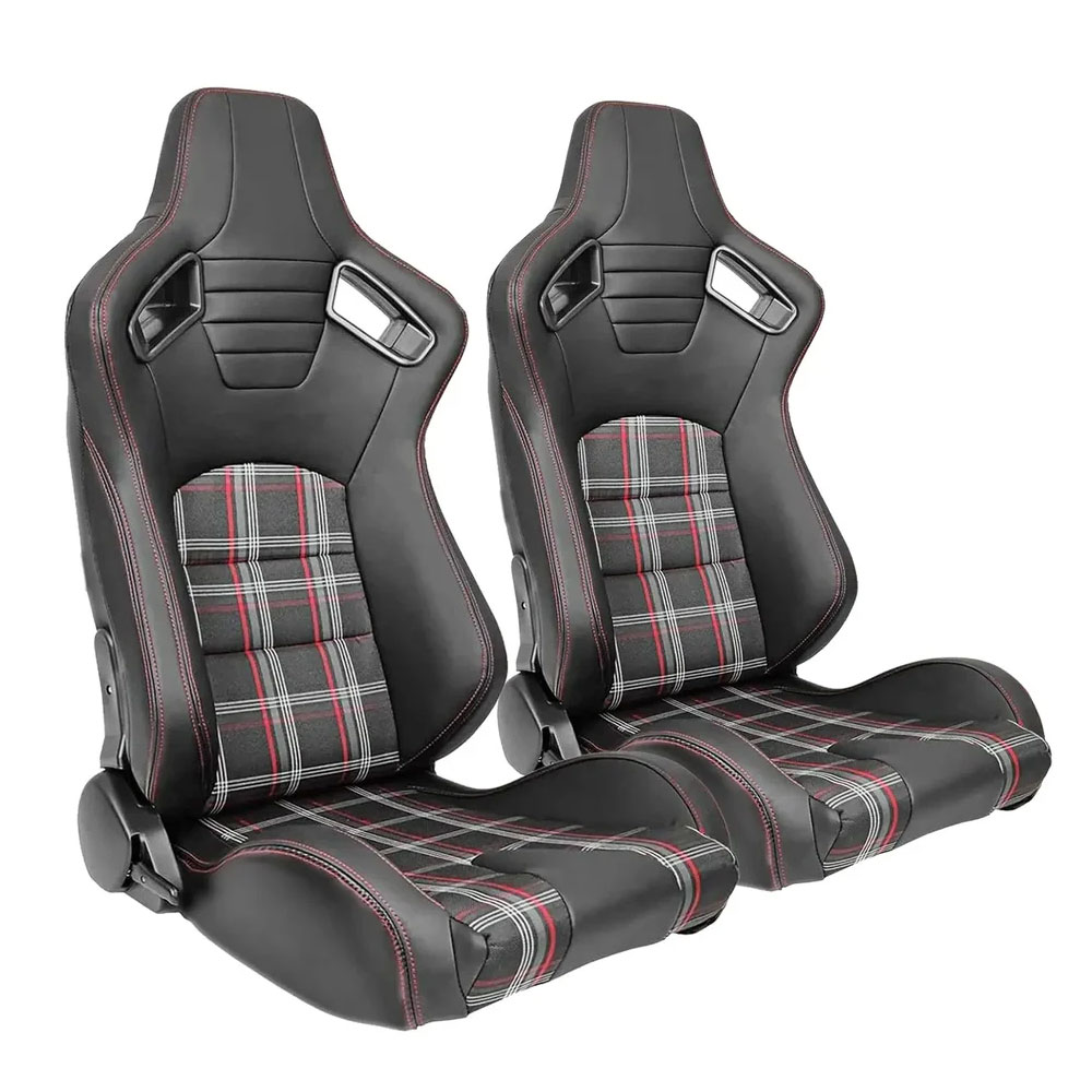 Reclinable GTI Style Tartan Design Black PVC Racing Seats