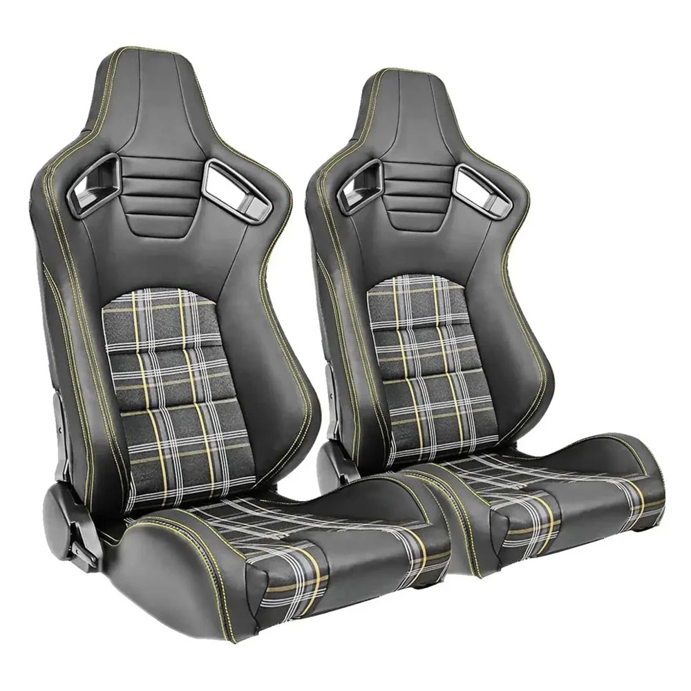 Reclinable GTI Style Tartan Design Black PVC and Yellow Racing Seat